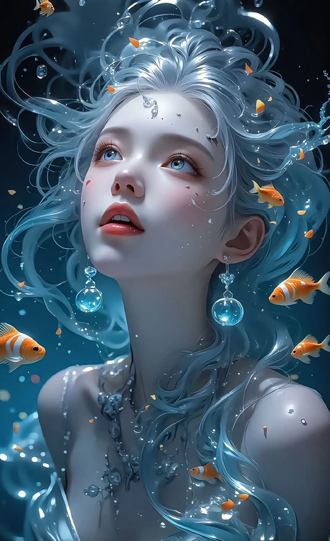 水元素拟人·银发水波与金鱼 唯美梦幻风 手机壁纸精选