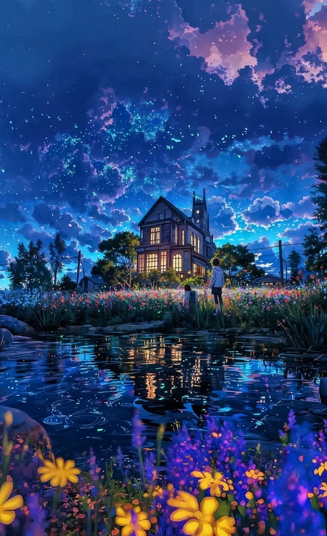 花田池塘亮灯洋房·二次元唯美夜景 治愈系手机壁纸