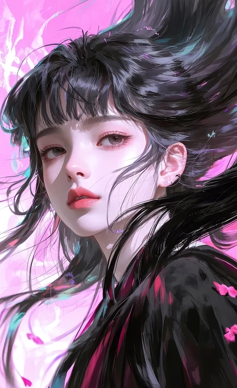 黑发少女·发丝飞扬 唯美国漫风 超梦幻粉色系壁纸