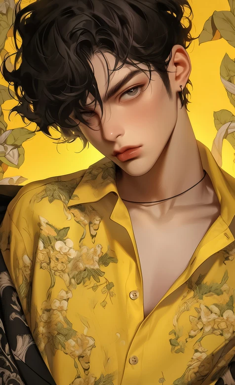 卷发帅哥·黄色花衬衫手绘风 高质感男生壁纸优选