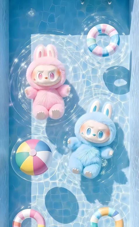 粉蓝毛绒兔玩偶泳池戏水·萌系治愈3D·夏日清凉手机壁纸