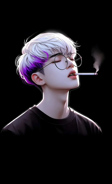 白发紫渐变帅哥·眼镜抽烟·二次元风 个性男生手机壁纸