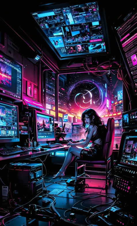 赛博少女·多屏操控室 赛博朋克风未来都市壁纸