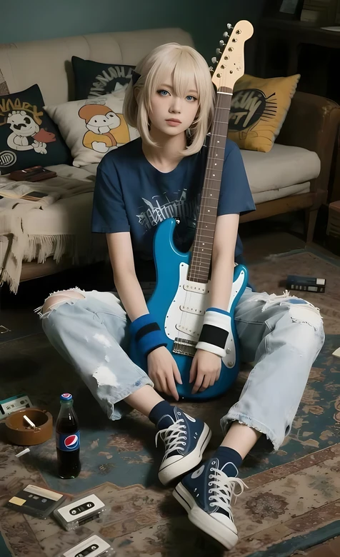 二次元少女·抱蓝色电吉他 写实风居家场景手机壁纸
