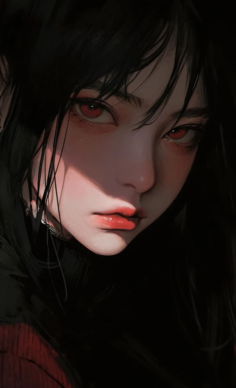 暗黑写实红瞳黑长直少女·原创插画手机壁纸