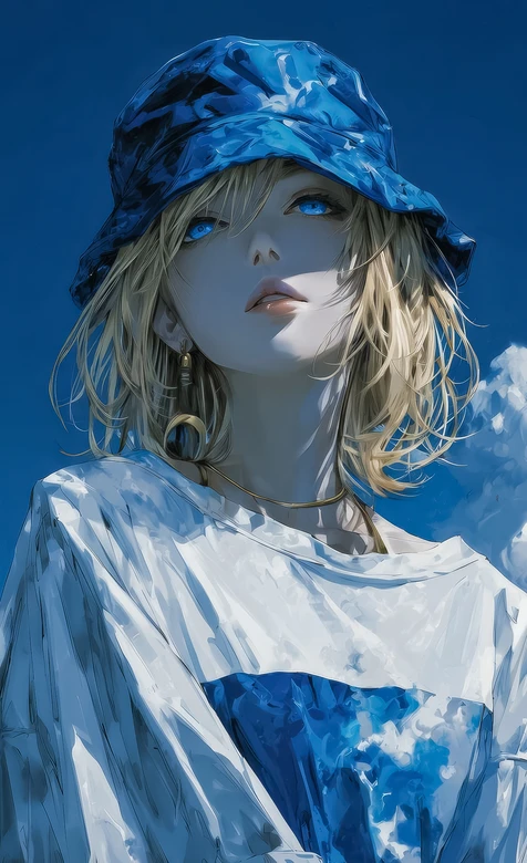 二次元唯美蓝调金发少女·原创插画竖屏手机壁纸