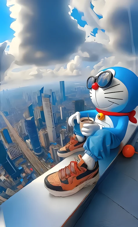哆啦A梦·墨镜潮鞋喝咖啡 都市天际线写实风 高人气动漫壁纸