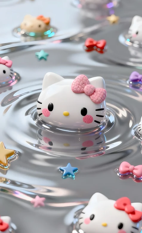 Hello Kitty粉色蝴蝶结·水波纹可爱三丽鸥壁纸（三丽鸥萌系手机壁纸）