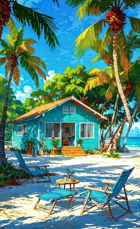 海滨蓝屋 热带沙滩 清新插画风 度假感手机壁纸