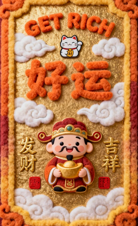 财神·抱金元宝 招财猫 好运发财国潮毛绒风手机壁纸