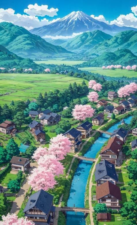 日式乡村樱花绿野富士山·新海诚风治愈插画（田园风景）
