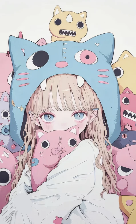 二次元可爱少女抱猫咪·原创插画手机壁纸