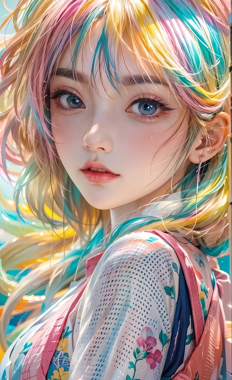 彩虹发色少女·唯美梦幻风 花卉服饰手机壁纸