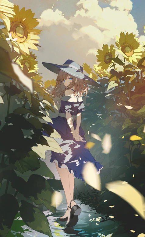 蓝裙少女·向日葵花田 唯美二次元插画手机壁纸