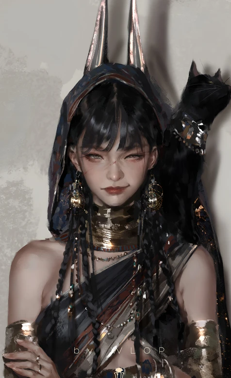 埃及风女子·双角头饰黑猫 写实WLop绘 复古壁纸