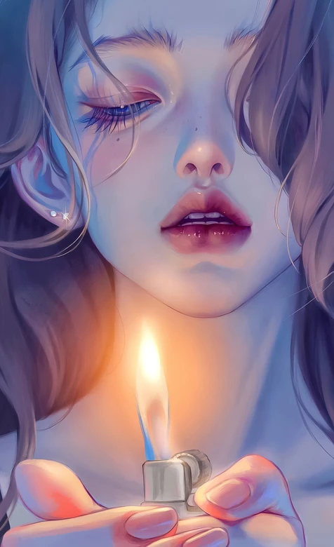 手持打火机的少女·唯美手绘插画风 原创手机壁纸