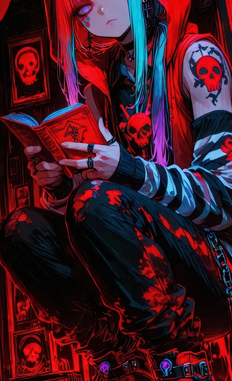 暗黑哥特风骷髅元素动漫少女（持书兔耳）手机壁纸