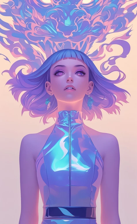 蓝发少女·赛博渐变风 梦幻灵狐背景高质感手机壁纸