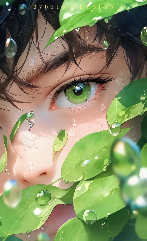 绿眼帅哥·绿叶水珠环绕 唯美写实风原创手机壁纸（清新自然壁纸）