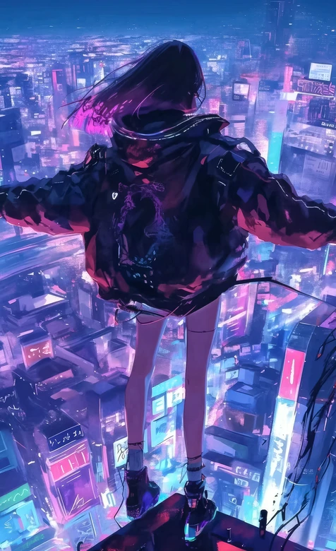 赛博朋克少女俯瞰霓虹都市 二次元赛博朋克风壁纸