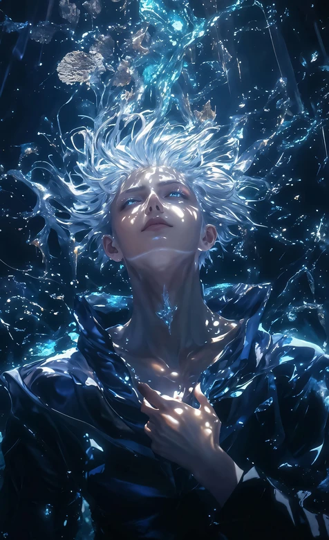 银发帅哥·蓝焰流光奇幻风 原创艺术手机壁纸（高热度：奇幻人物壁纸）