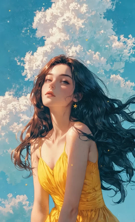 黄裙长发少女·星饰点缀 唯美梦幻插画 超治愈天空系手机壁纸