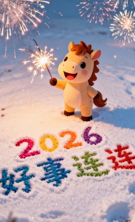 卡通小马手持烟花 2026好事连连 节日治愈风新年壁纸
