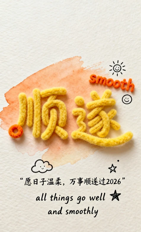 顺遂毛绒字·治愈清新风 2026万事顺遂励志壁纸