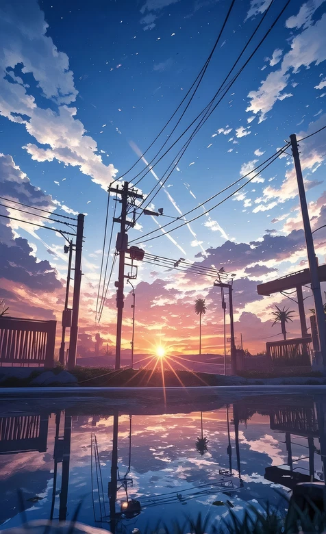 日系动漫风黄昏街道电线杆 云霞日落壁纸参考