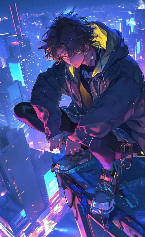 赛博朋克风动漫帅哥·霓虹都市俯瞰 高热度赛博朋克手机壁纸