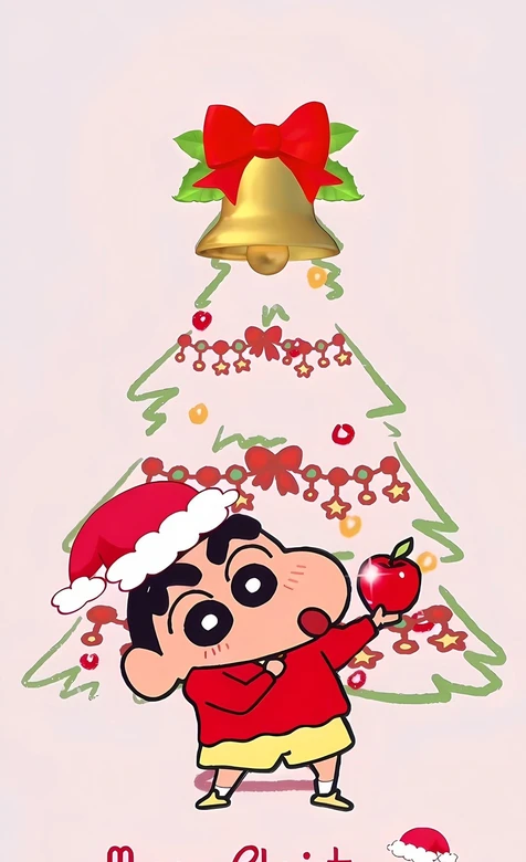 蜡笔小新·圣诞帽持苹果 可爱圣诞风圣诞手机壁纸
