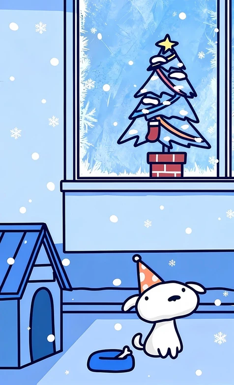 戴派对帽小白狗·圣诞雪景卡通风 节日治愈手机壁纸