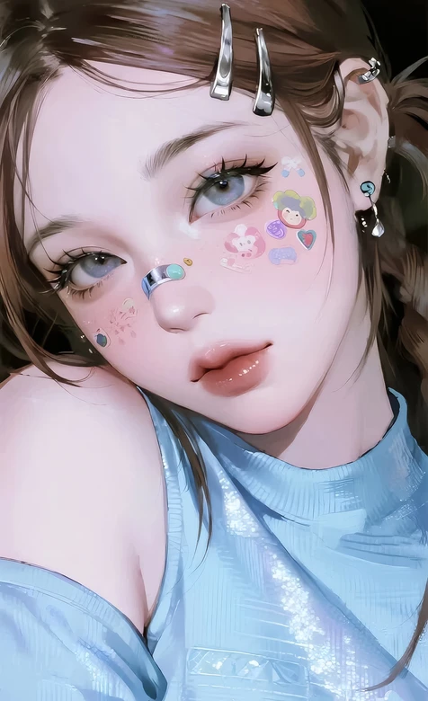 元气少女·面部贴纸银饰点缀·唯美写实风原创插画 手机壁纸