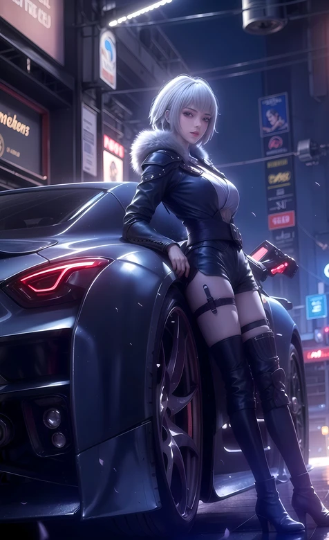 银发皮衣“白月魁”与赛博朋克跑车·未来都市夜景手机壁纸（赛博朋克手机壁纸）