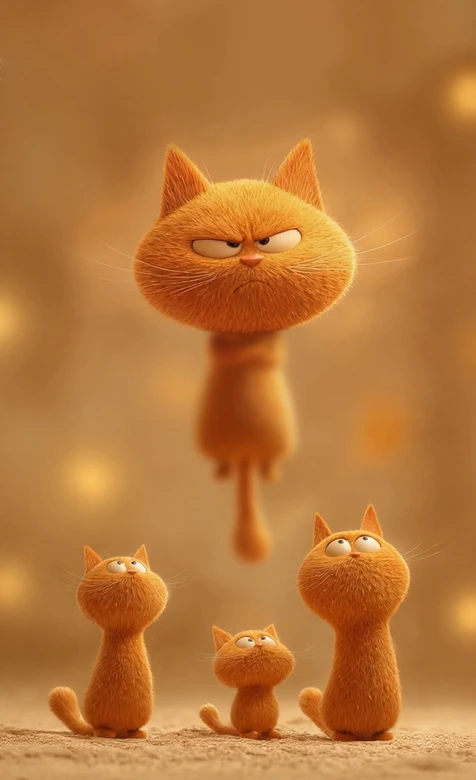 暖系3D萌态猫·傲娇悬浮与三只注视小猫 治愈手机壁纸