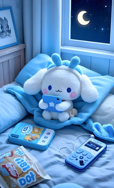 玉桂狗·抱蓝手机卧床 治愈蓝月夜卧室 可爱风手机壁纸