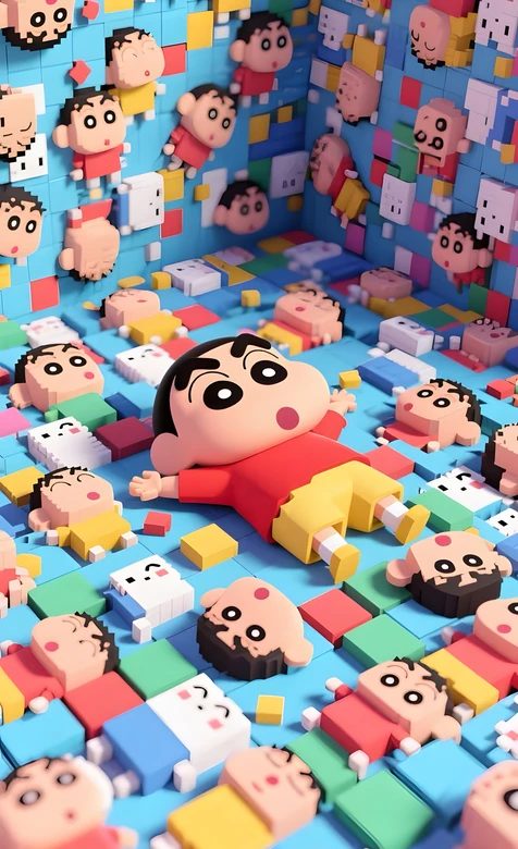 野原新之助·呆萌躺姿 3D像素风 蜡笔小新动漫卡通壁纸