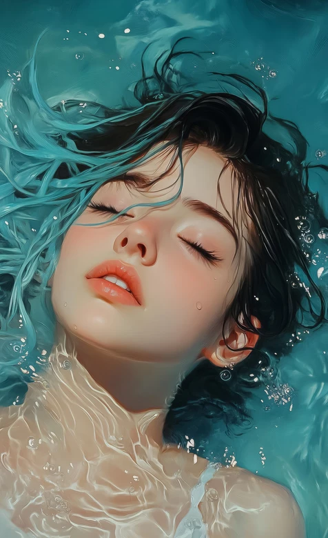 水下少女·蓝黑发丝水波氤氲 唯美写实风水下意境感手机壁纸