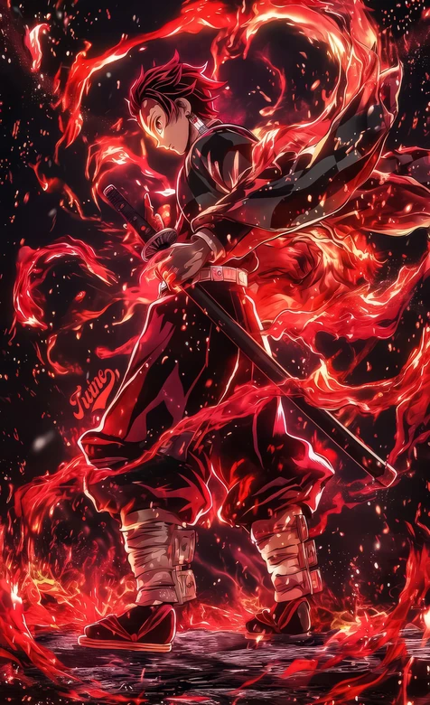 灶门炭治郎·火焰缠绕 日式动漫《鬼灭之刃》热血壁纸（高热度手机壁纸）