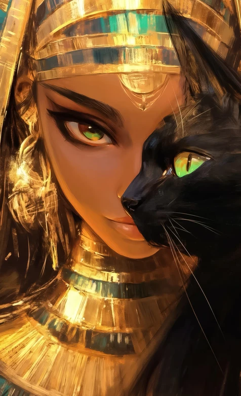 古埃及风女性·黑金写实风 黑猫相伴 精美手机壁纸