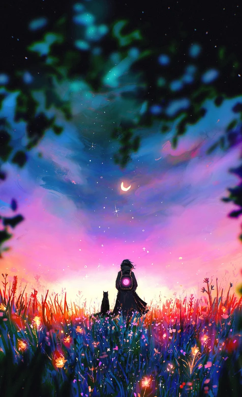 花海月夜背影人物与黑猫·唯美梦幻二次元超火氛围感手机壁纸