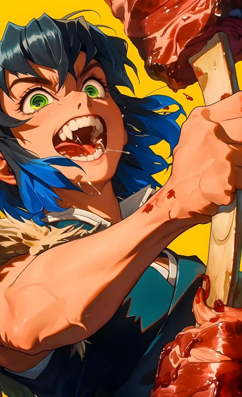 嘴平伊之助·狂气进食 日漫写实风 鬼灭之刃同人壁纸（热血动漫角色壁纸）