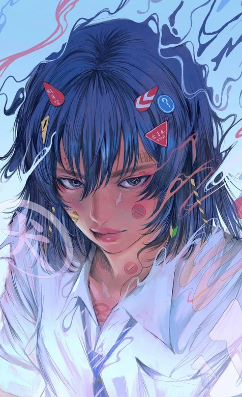 蓝发少女·符号涂鸦装饰 日系写实插画 超火竖屏壁纸