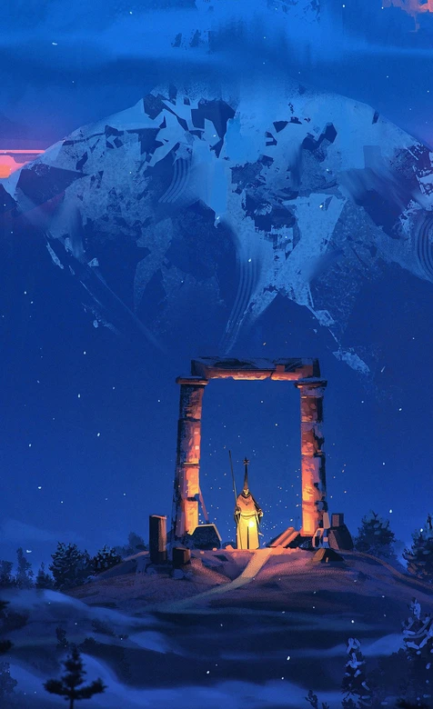 神秘持灯行者·雪山石门夜景 唯美奇幻手机壁纸