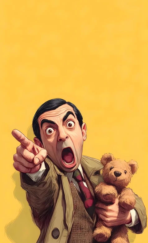 憨豆先生·抱泰迪熊指向前方 写实插画风 影视《憨豆先生》手机壁纸