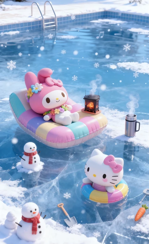 Hello Kitty&My Melody·冬日泳池雪人 治愈风三丽鸥壁纸