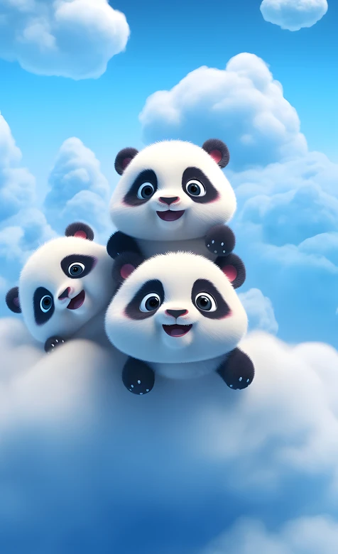 三只萌趣卡通熊猫·国漫风云端嬉戏 治愈系手机壁纸