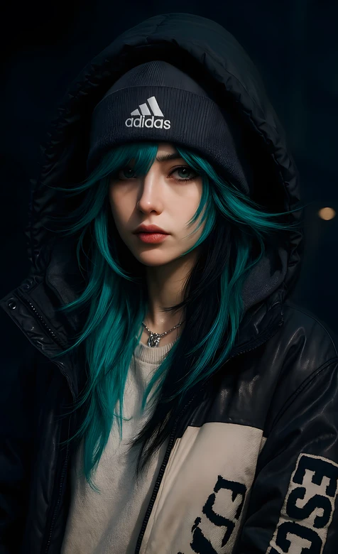 潮酷少女·蓝绿发丝adidas冷帽 暗黑写实风手机壁纸