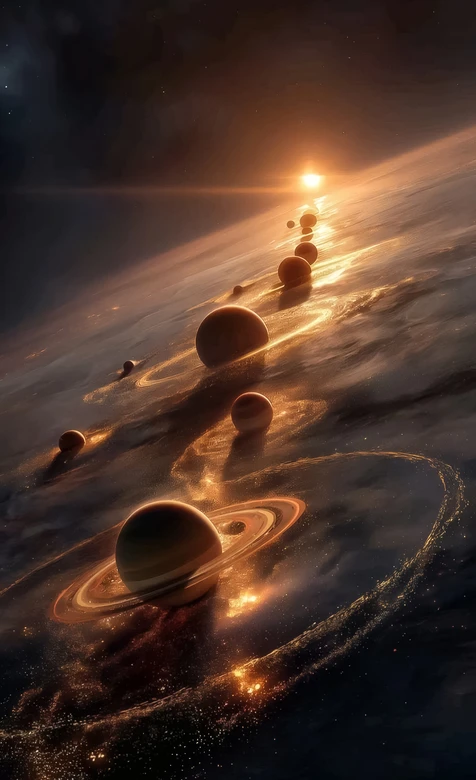 星际行星列阵·科幻唯美风 暖金宇宙航行壁纸