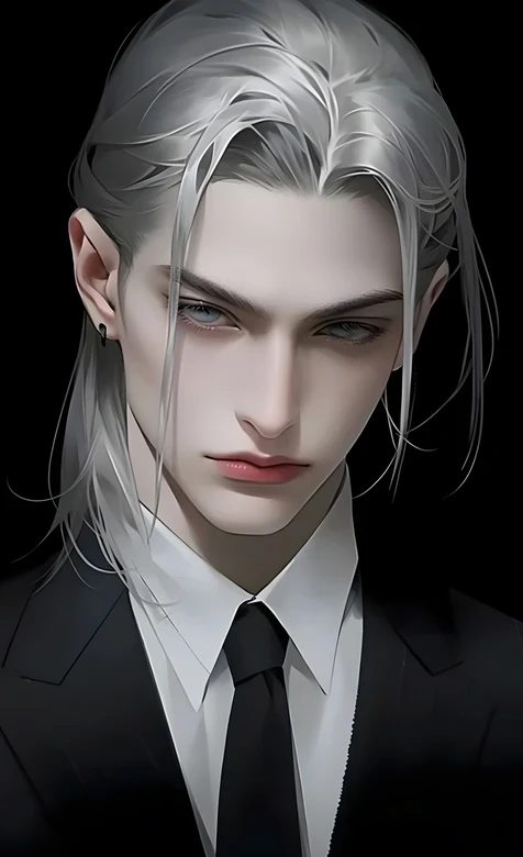 银发冷峻帅哥·暗黑写实插画 西装造型手机壁纸高质感